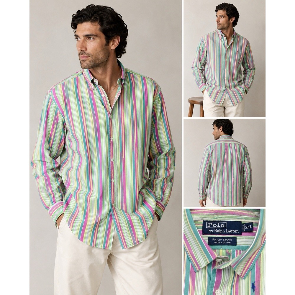 Polo Ralph Lauren Philip Sport Striped Button Shirt XXL Y2K Coastal Prep Cotton